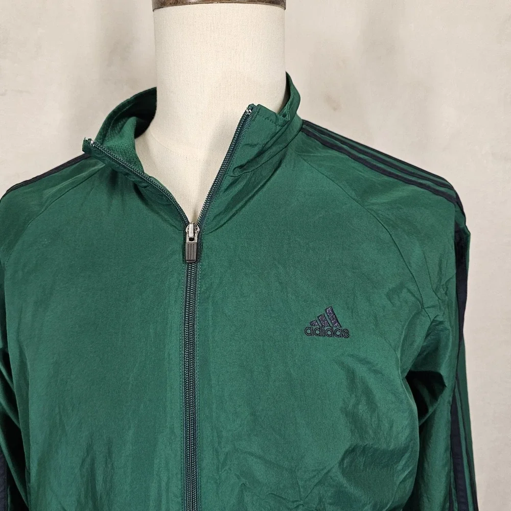 Adidas Jacket Mens Medium Green Full Zip Windbreaker Three Stripes Athletic Logo